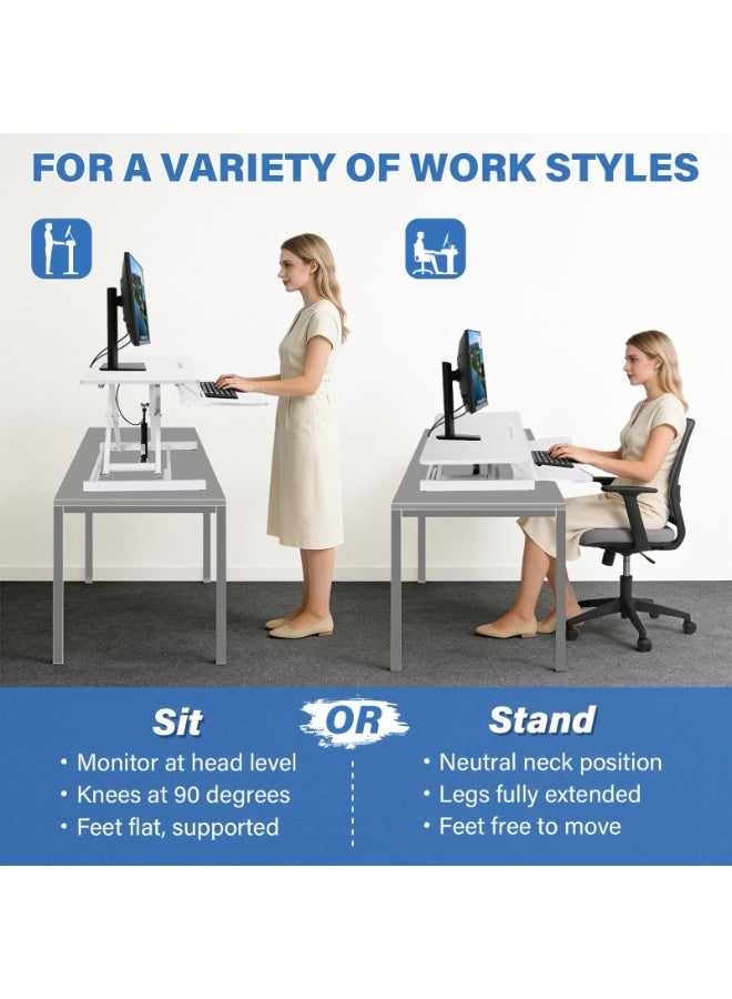كيل › محول مكتب قائم قابل لتعديل الارتفاع باللون الأبيض 32 بوصة مريح مزدوج الإطار على شكل X مع حامل لوحة المفاتيح للمكتب والمنزل - Image 4